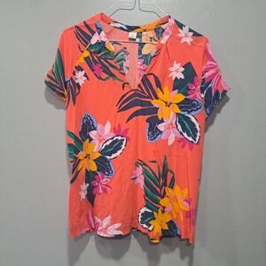 Old Navy Womens Medium Tropical Floral V-Neck Blouse Coral Pink Short Sleeve Top